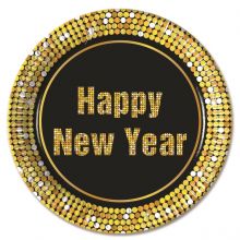 Happy New Year Retro - Pappteller gro 23cm Metallic
